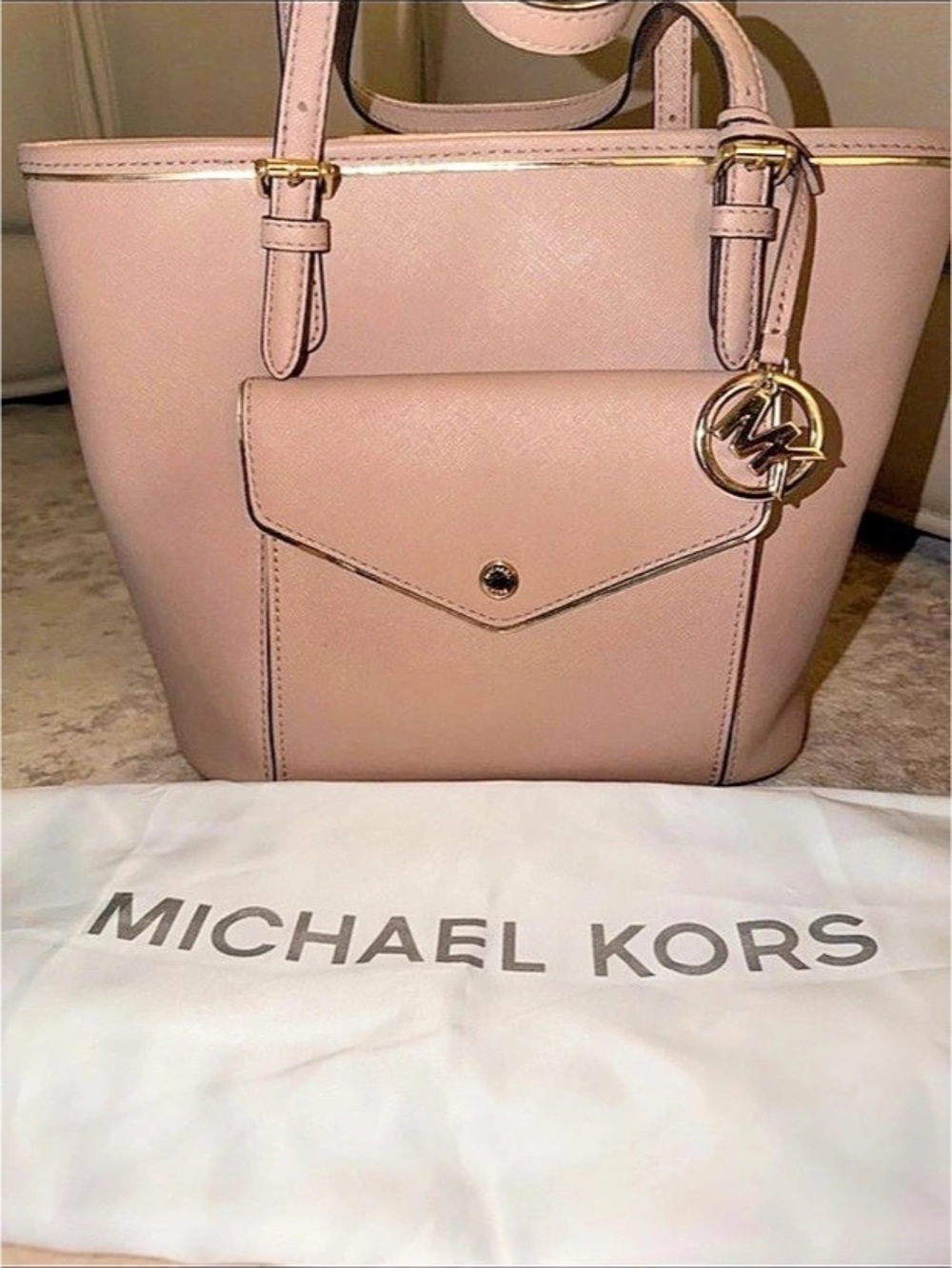 Michael Kors Jet Set Travel Large Saffiano Leather Pocket Tote Bag Pink Tote Bag